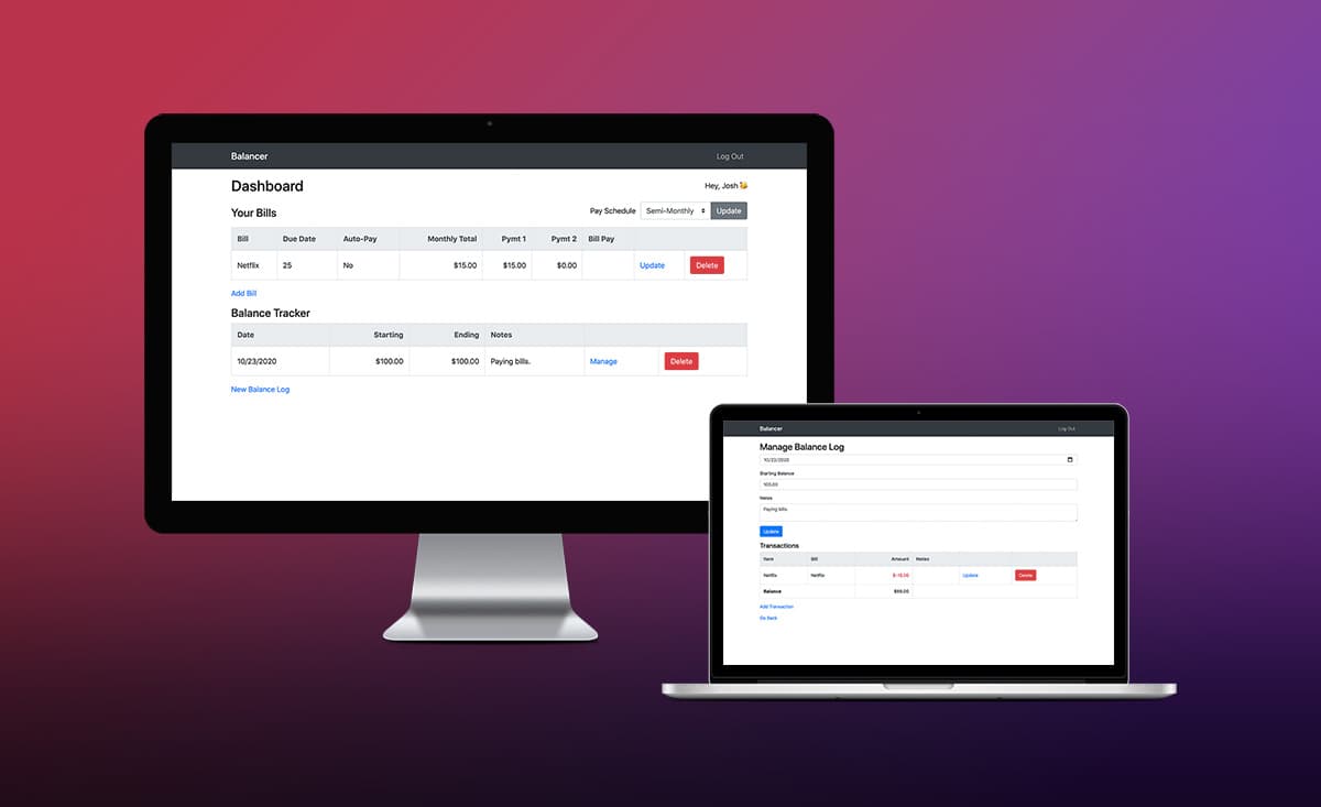 Balancer and bill tracker dashboard and edit views